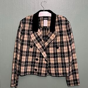 Vintage Positive Attitude Blazer Size 14 tan Black Plaid Tweed